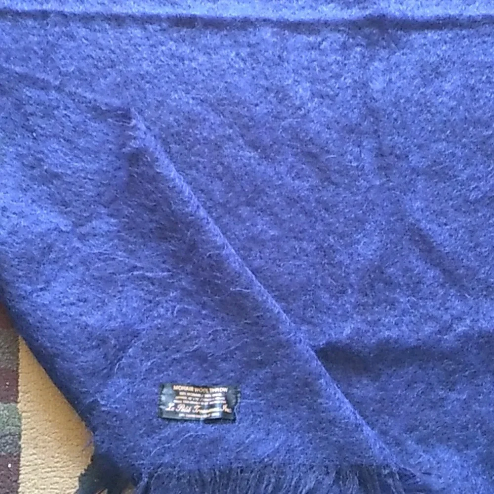 MOHAIR NAVY THROW BLANKET w/Fringe Nice Vintage CONDITION